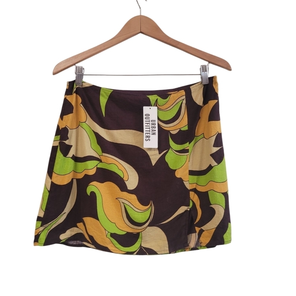 New Urban Outfitters Green Retro Phychedelic Linen Blend Mini Skirt Large 70s - Picture 3 of 7